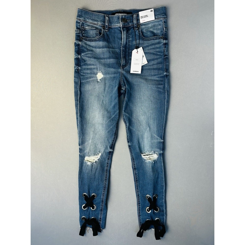 Express Women's 4R Ankle Legging Super High Rise Distressed‎ Jeans NEW With Tags